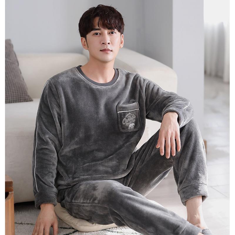 Flannel Pajamas Men'S Autumn And Winter Pullover To Keep Warm Winter Fleece Thickened Coral Fleece Men'S Loungewear Set