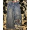 Mens Y2K Harajuku Hip Hop Streetwear Loose Fit Black Denim Jeans With Cartoon Embroidery