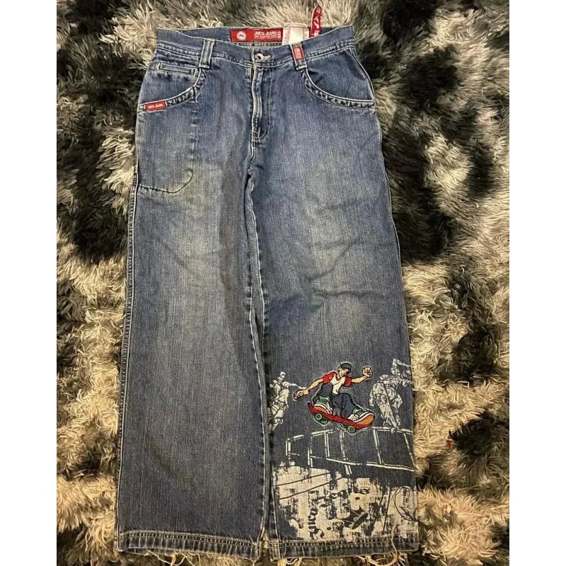 Mens Y2K Harajuku Hip Hop Streetwear Loose Fit Black Denim Jeans With Cartoon Embroidery