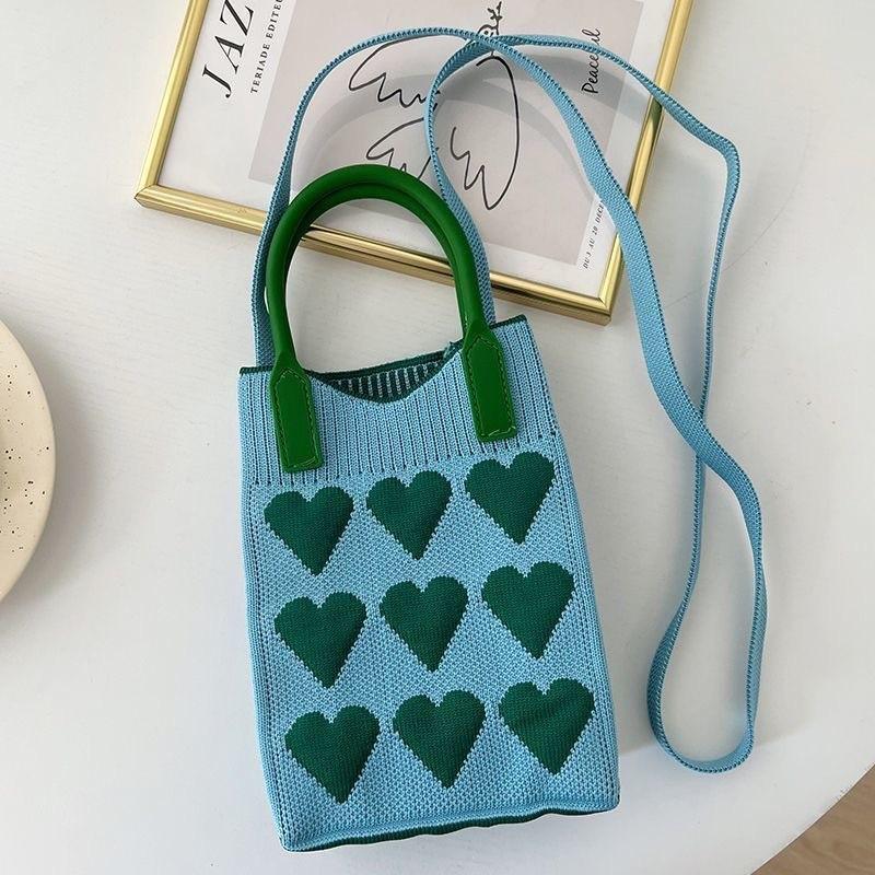 Koreanische Mode Herz Gestrickte Mini Quadratische Handtasche für Damen Kleine Handy Umhängetaschen Mädchen Niedliche Outdoor Crossbody Taschen