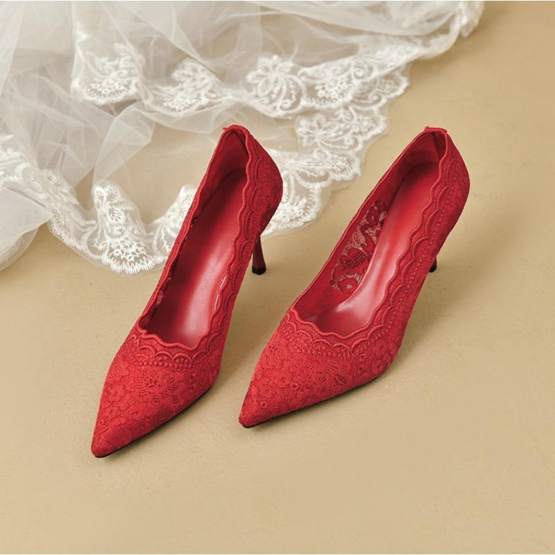 White high heels wedding shoes women's spring new pointed head stiletto embroidered lace Xiuhe wedding bride shoes