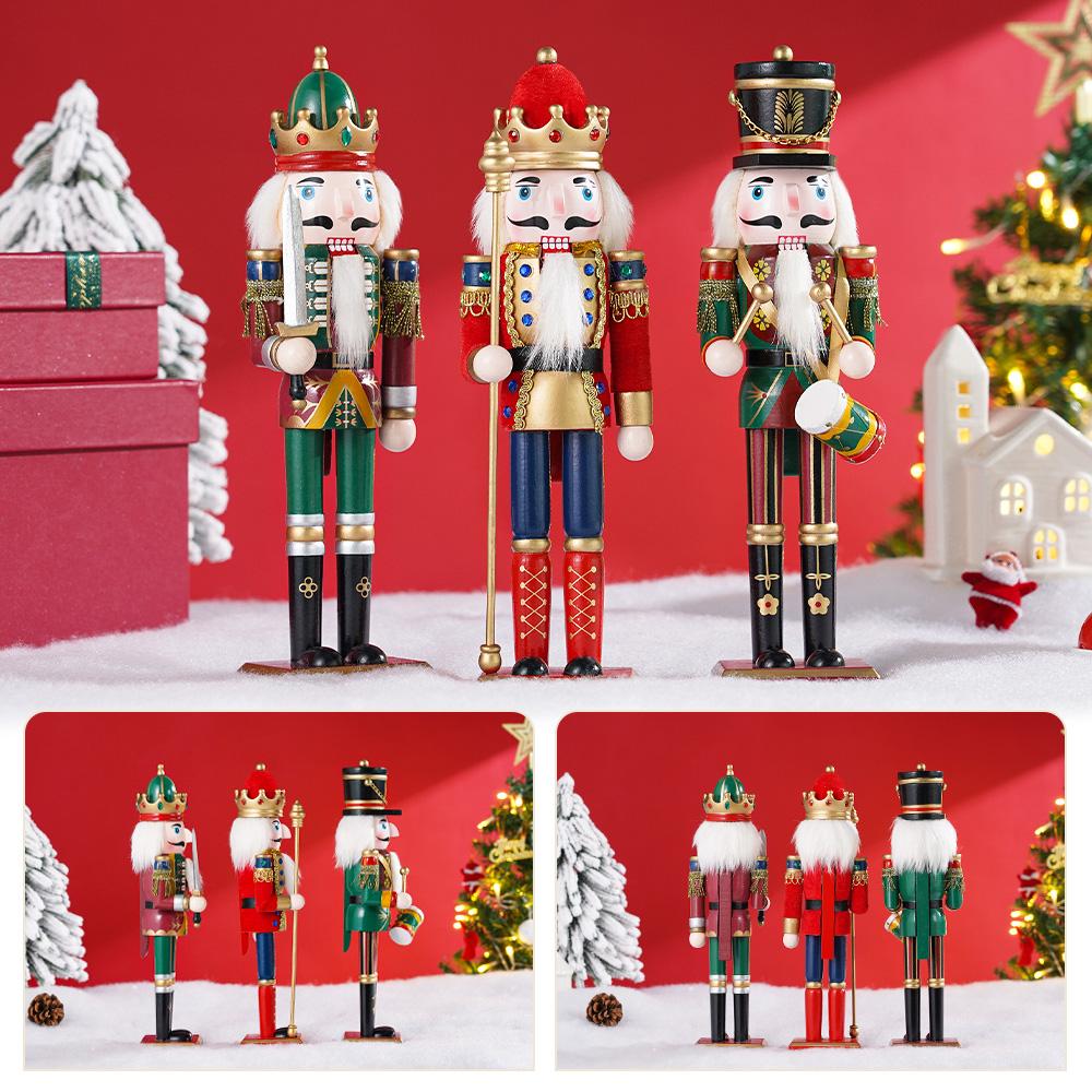 3Pcs 30CM Wooden Nutcracker Puppet Figurine Hand Painted Nutcracker Soldier Model Doll Christmas Ornaments Home Decoration
