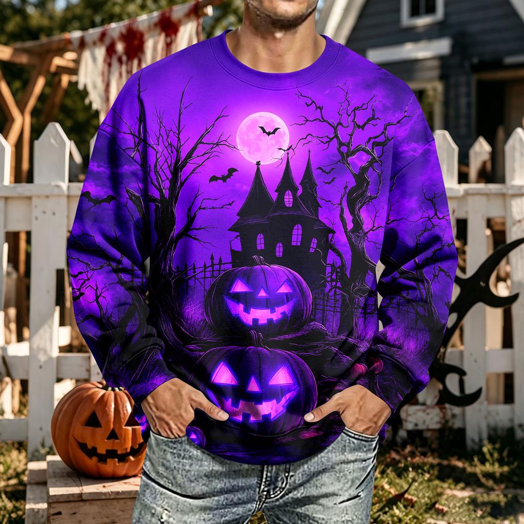 Men's Halloween Print Neck Long Sleeve Sweatshirt Casual Pullover Top