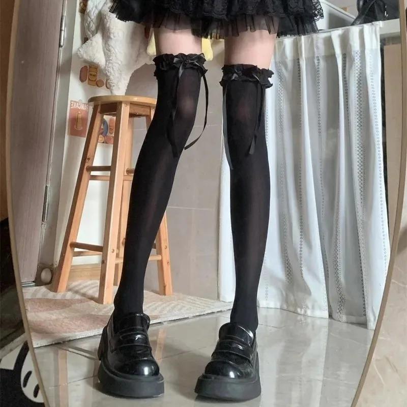 Calze Sopra il Ginocchio Stile Lolita Design con Fiocco e Volant Calze con Bordi in Pizzo Dolci Collant Kawaii per Gambe Nero Bianco Beige