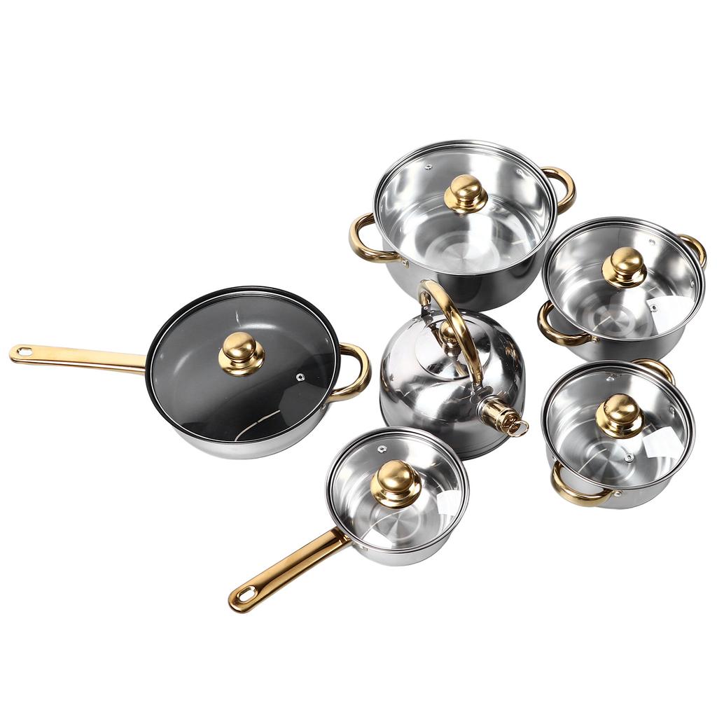 12Pcs Kitchen Pots Stainless Steel Golden Handle Smoothing Sturdy Easy to Clean Cookware Set for Home Cooking