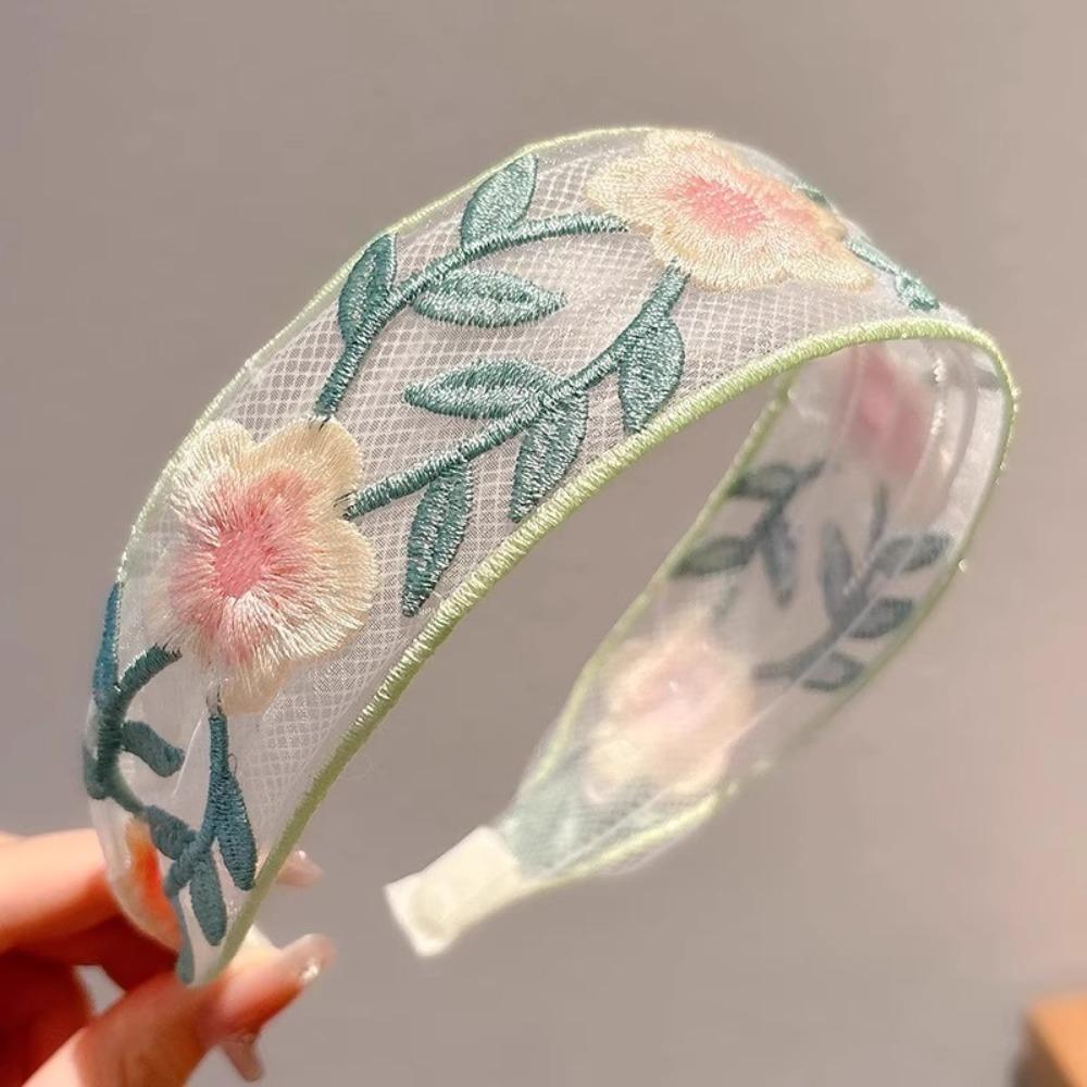 Wide Edge Embroidered Flower Headband Elegant Chiffon Hairband Women Fashion Hair Accessories