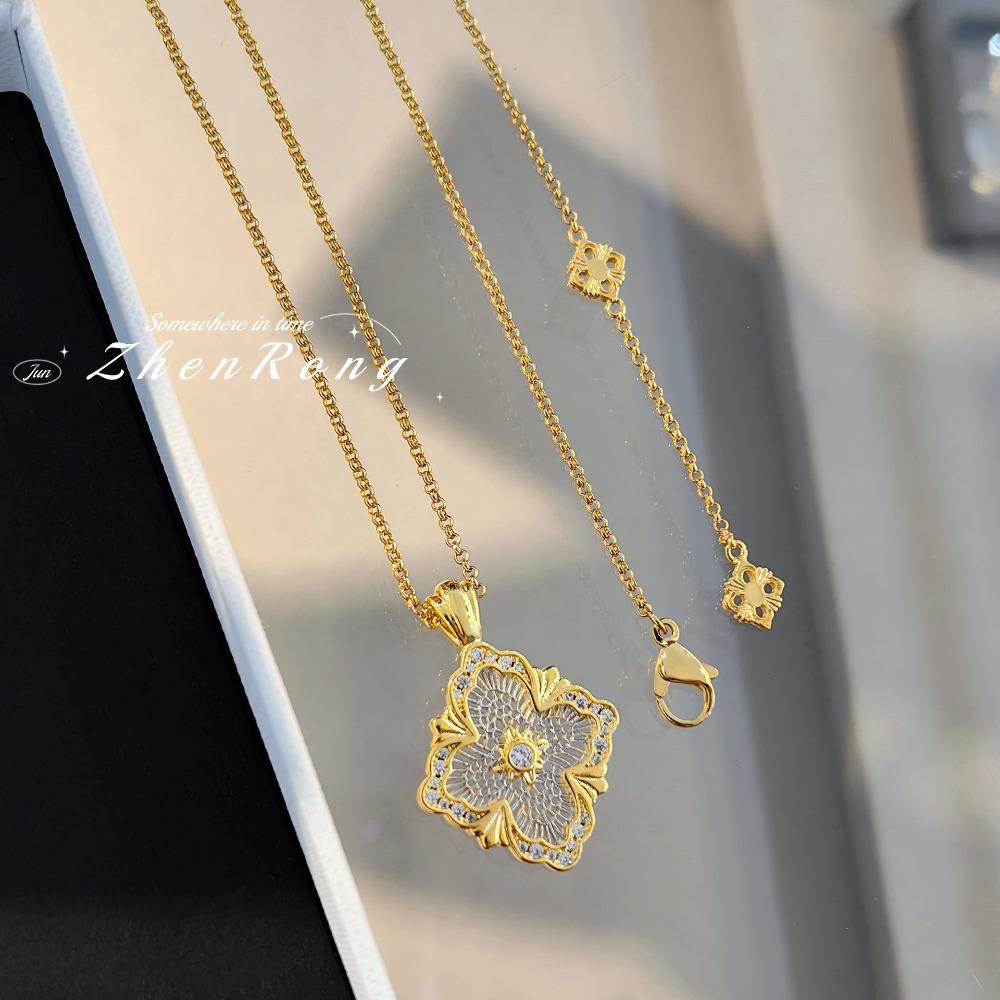 

Vintage Italian Buccellati Gold Lace Pendant Necklace Baroque Floral Design Dual Tone Chain Jewelry for Women