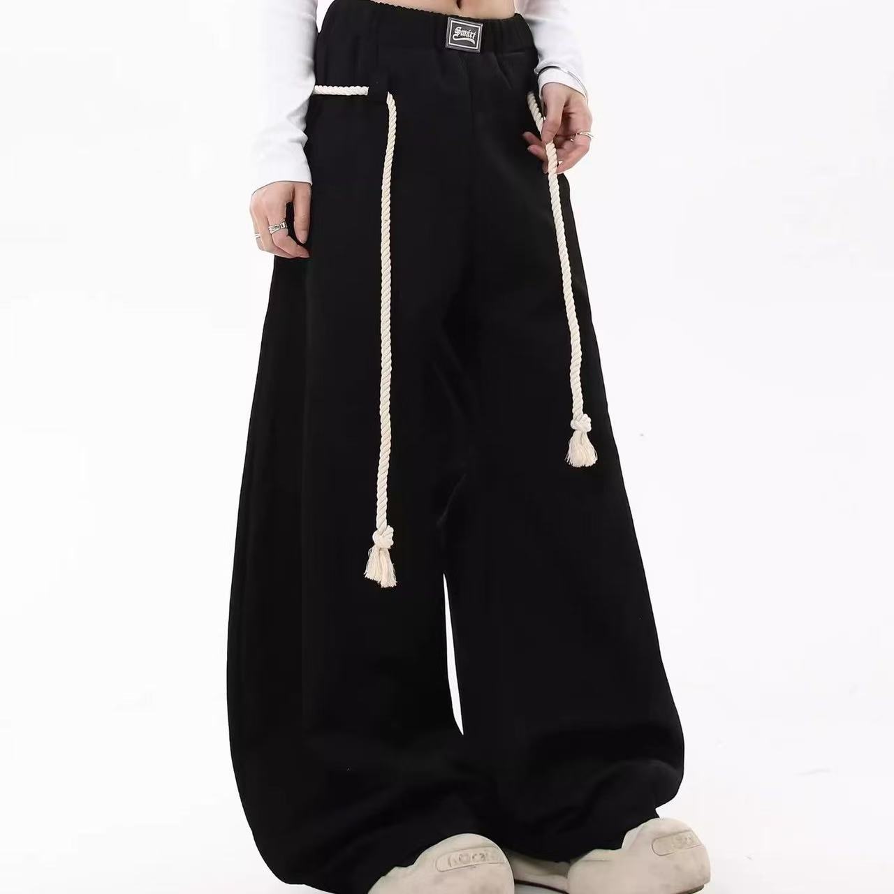 

Women Personalized Woven Hemp Rope Belt Loose Wide-leg Casual Pants Bloomers XS чёрный