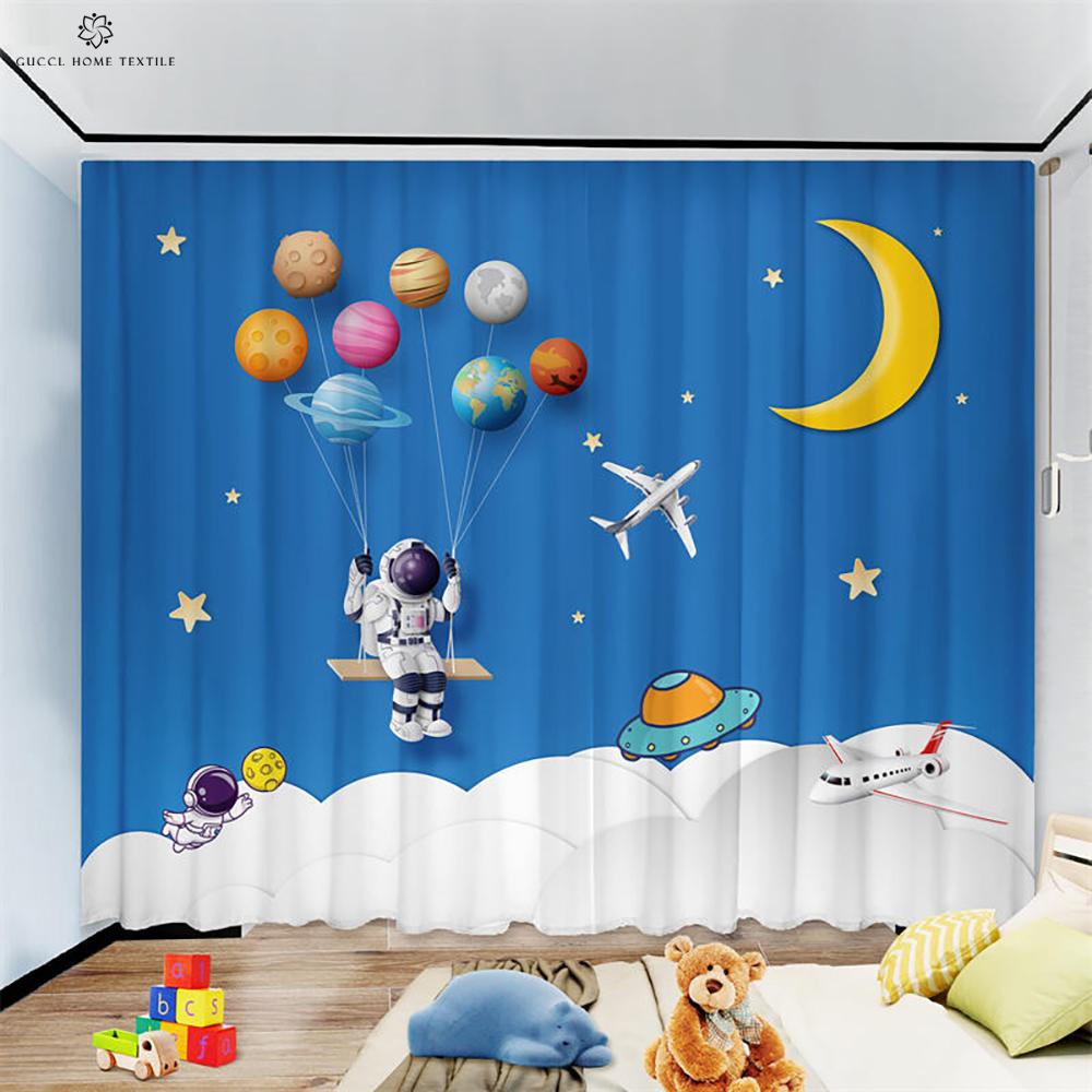 Animation Cartoon Astronaut Curtains for Children's Room, Window Decoration, Living Room, Study, Kitchen, Space, 2Pcs