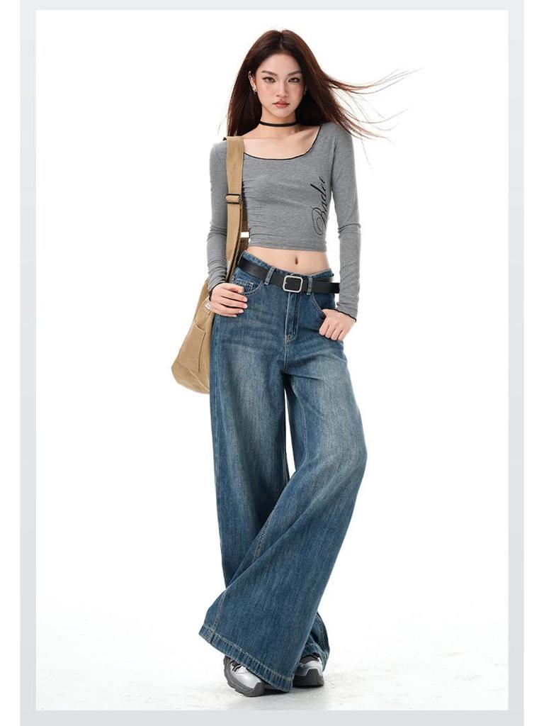 Women's Vintage High-Waisted Wide-Leg Jeans - Non-Clingy, Loose Fit for Spring and Autumn