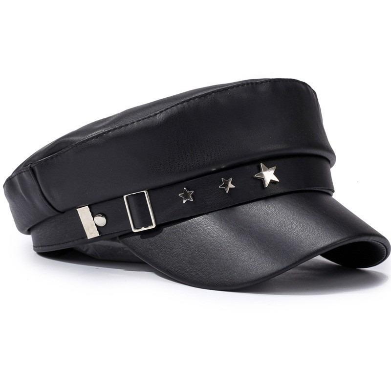 Pentagram leather buckle navy hat autumn and winter hat women's leather duck tongue beret versatile showing small face