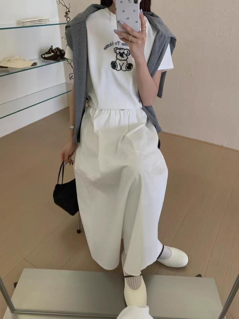 Spring/Summer 2025 Korean Cartoon Bear Embroidered Loose Short Sleeve T-Shirt for Women