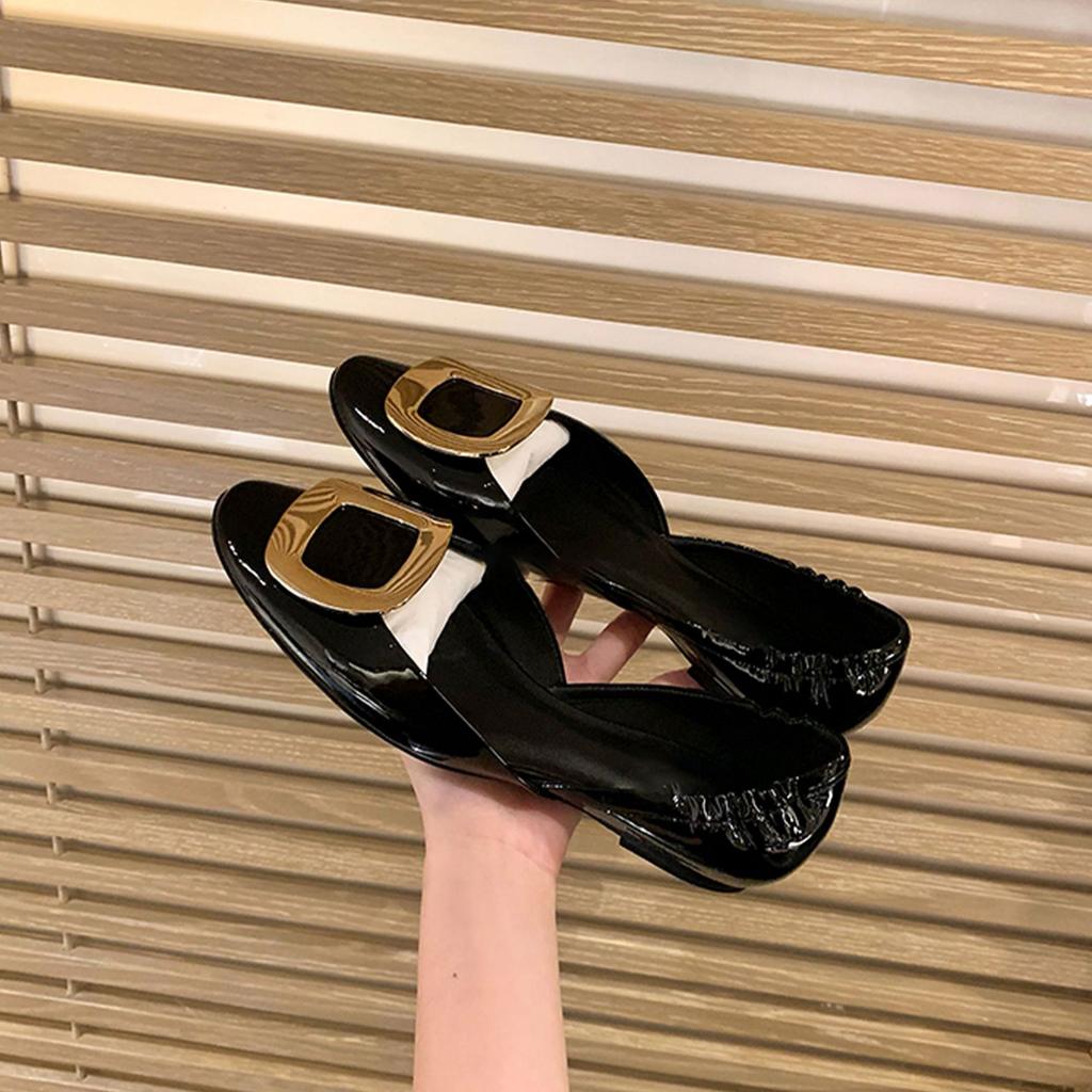 [Women's shoes source Litong] office lady~ chips square buckle pleated hollow flat single shoes women's grandma shoes