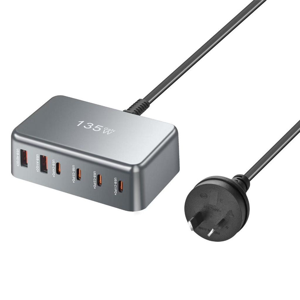 135W Gallium Nitride 6-Port PD Fast Charging Adapter for Apple and Huawei Devices