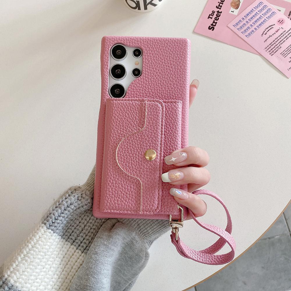 

Чехол для Samsung Galaxy S25 Ultra с зеркальным дизайном, задняя крышка из ПУ кожи со слотами для карт, ремешок на запястье Pink