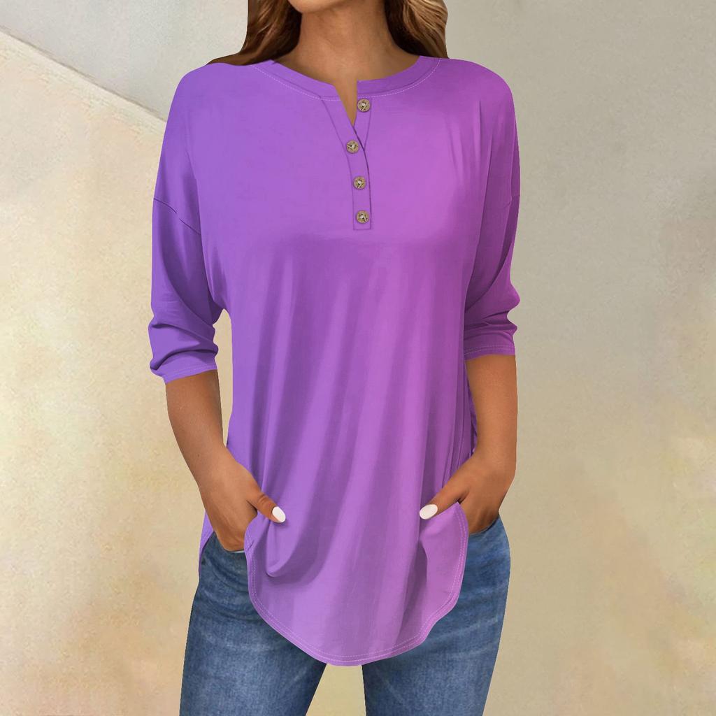 Women's Fashion Casual Three-quarter Sleeve Gradient Printed Round Neck T-shirt Top