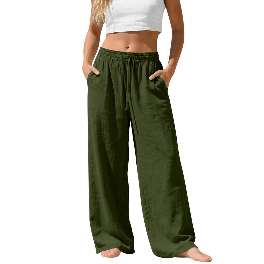 Women’s Wide Leg Linen Pants with Elastic Waistband Loose Fit Lightweight Trousers Casual Straight Leg Design with Pockets for Daily Wear