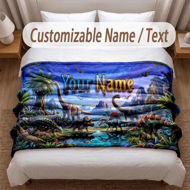 Dinosaur Theme Soft Blanket Personalized Custom Name Text Print Warm Blanket Home Sofa Bedroom Decor