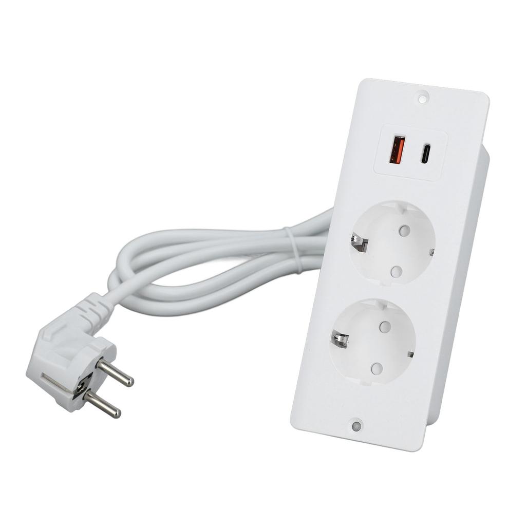 Recessed Socket 2 Outlets with PD20W USB C USB A Port Embedded Furniture Power Strip 1.5m Cord