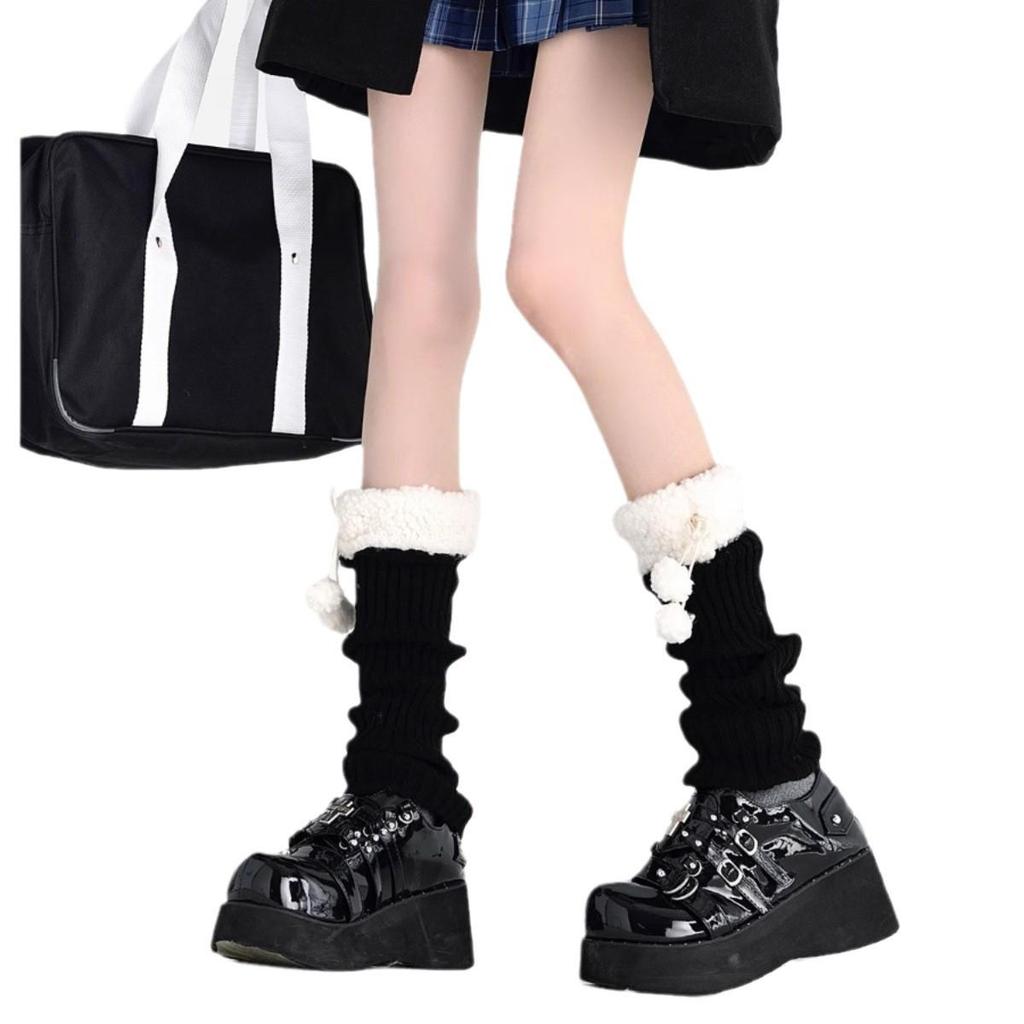 Japanese Lolita Lamb Wool Leg Warmers with Pompoms - Cozy Retro Autumn/Winter Scrunch Socks for Women