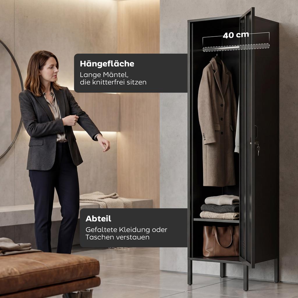 Metal Locker with Lockable Door and Clothes Rail, Single Steel Locker for Home or Office, Black