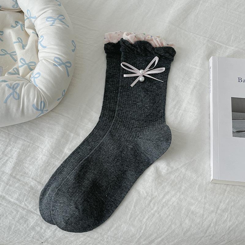 

Кружевные носки с жемчугом, бесшовные женские носки, модные женские носки с бантом, носки-трубы в балетном стиле 1 pair темно-серого