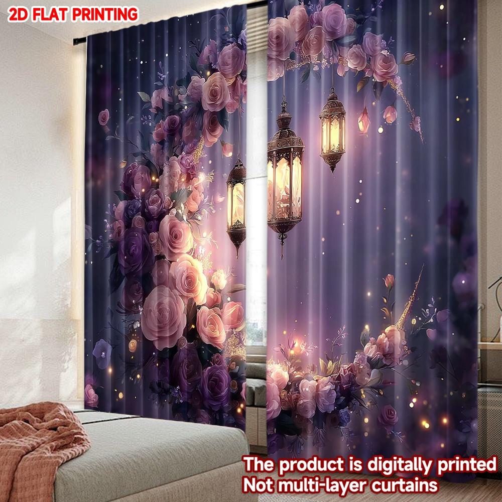 Set Of 2 Flat Printing Happy Valentine Day Curtain Crescent Wreath Color Light Digital Printed Polyester Drapes Curtains Made