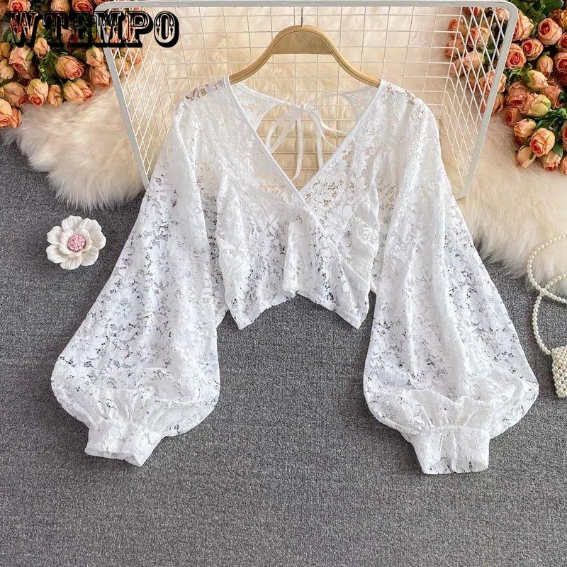 Jarní Černé Bílé Krajkové Halenky Dámské Elegantní Výstřih do V Dlouhý Bufetový Rukáv Otevřená Záda Krátké Topy Dámské Párty Slim Košile