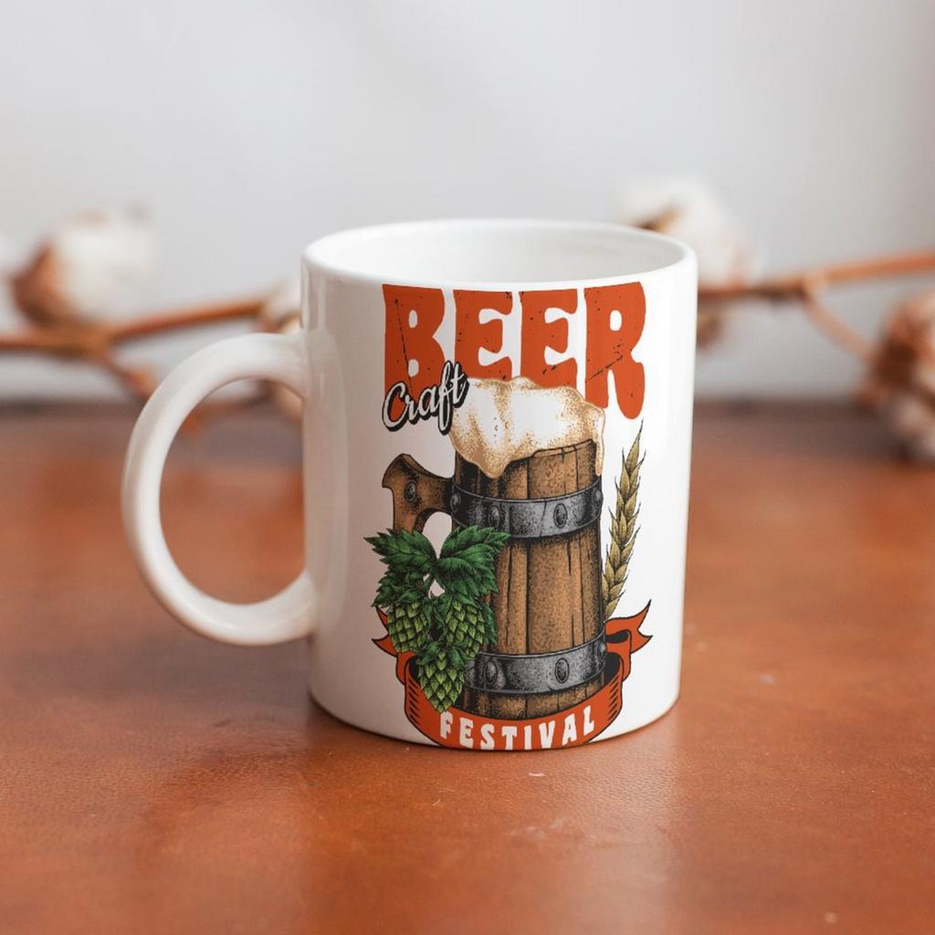 1pc 11oz White Ceramic Mug with Double-Sided Beer Lover Design, Daily Coffee Cup, Perfect Simple Gift Idea