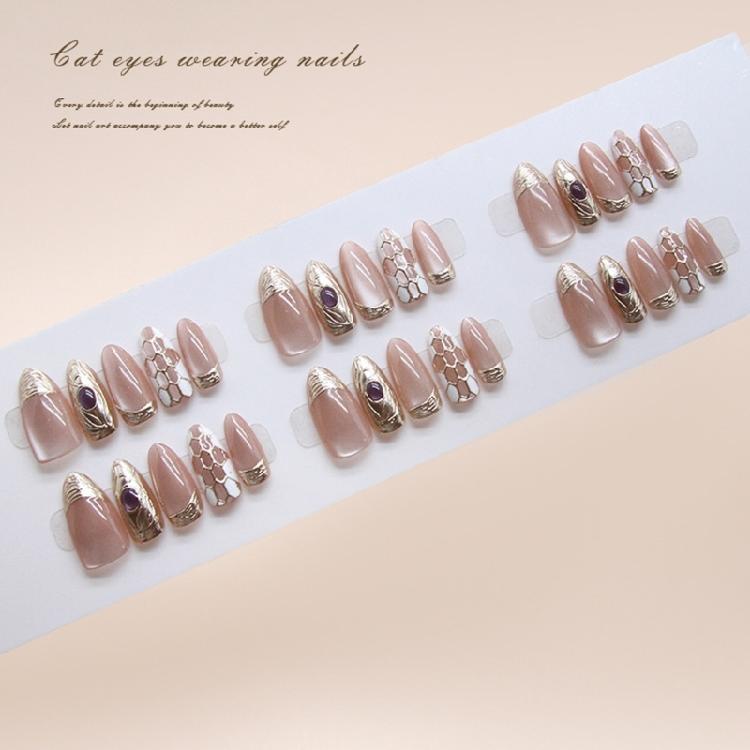 30Pcs Cats Eye Press on Nail Almond Glues on Nail French Fake Nail Designs False Nail Artificial Nail for Women Girls