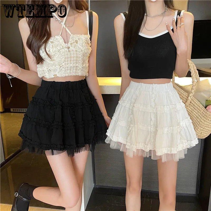 WTEMPO Kawaii Mini Sukně Dámské Lolita Krajka Volánky Patchwork Černá Sukně Preppy Styl Jednobarevné Korejské Sukně s Vysokým Pasem