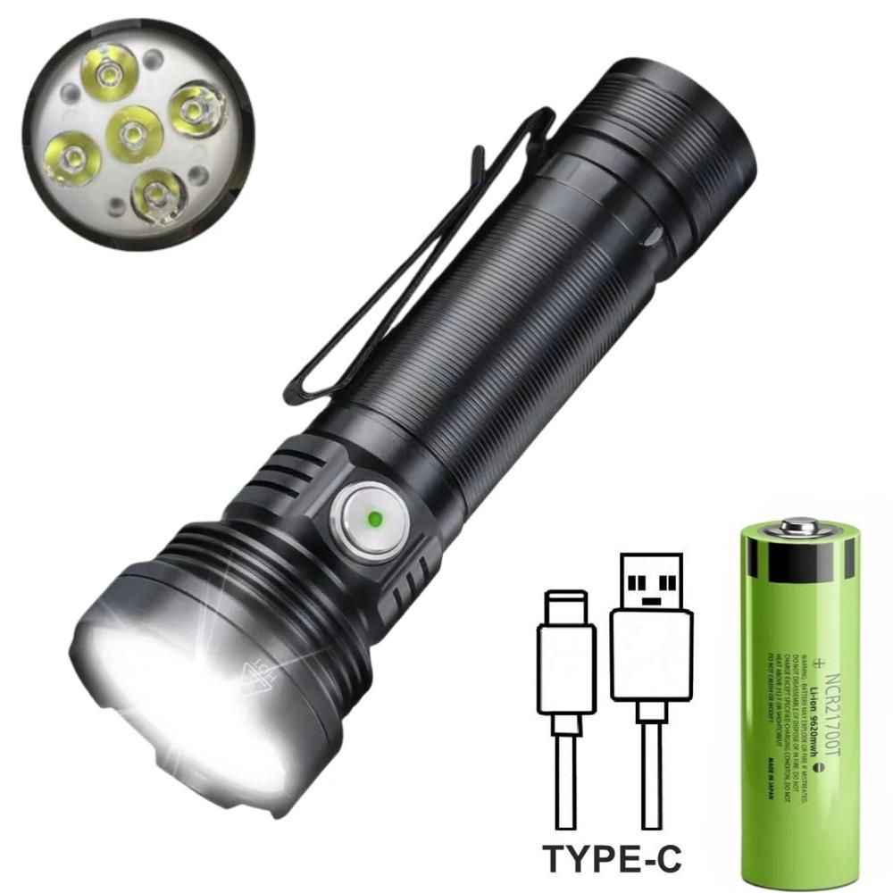 Super Bright 5*LED Flashlight 2500LM Aluminum Alloy Type-c Rechargeable Torch Waterproof Camping Fishing Lantern
