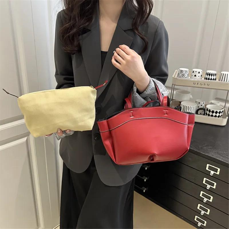 Solid Color PU Leather HandbagS Fashionable Single Tote Shoulder Bag, Large Capacity Commuting Set Handbag Women Shopping Bags