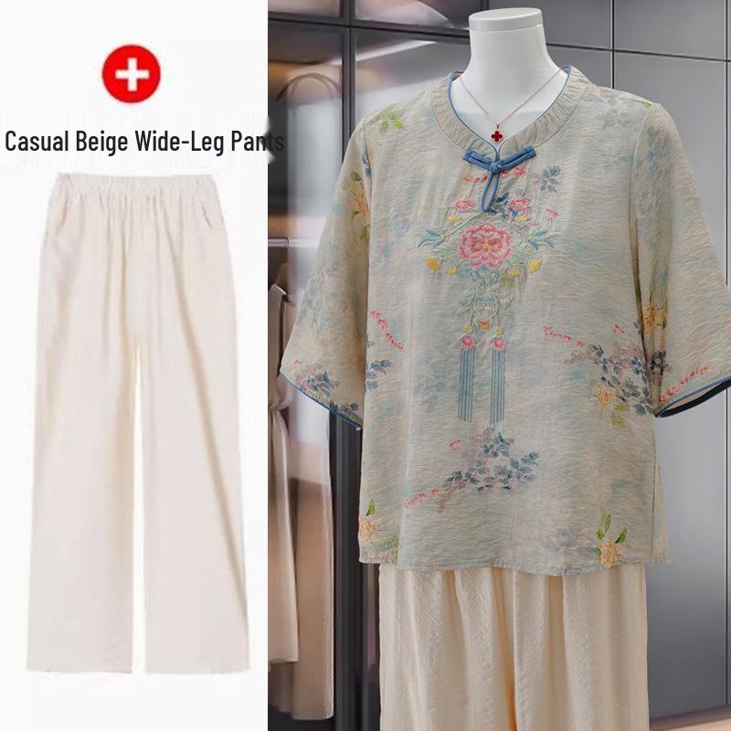 Elegant Summer 2026 Embroidered Cotton Linen Top - Short Sleeve, Breathable, Retro Wear for Mom On Mother's Day