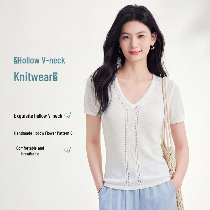 FivePlus Women s Hollow V-Neck Knit Short Sleeve Top One Size