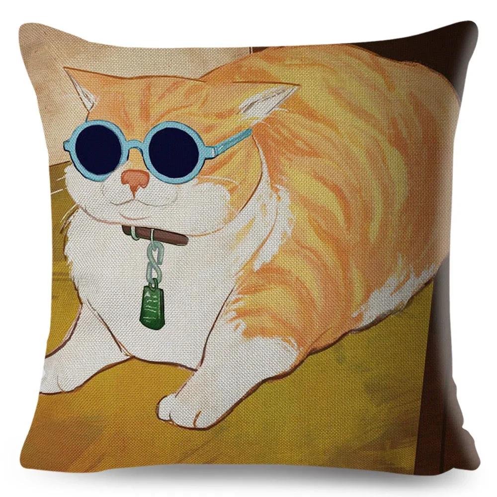 Olejomalba Roztomilá Kočka Povlak na Polštář Dekor Barevný Kreslený Domácí Zvíře Povlak na Polštář Polyesterový Povlak na Polštář na Pohovku Dětský Pokoj