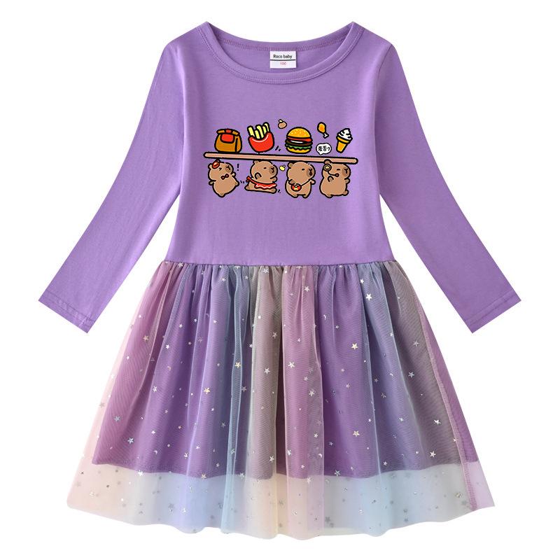 Korean Style Children's Princess Dress with Stars, Rainbow Sequins, Mesh Pleats, Short/Long Sleeves for Spring, Summer, Autumn