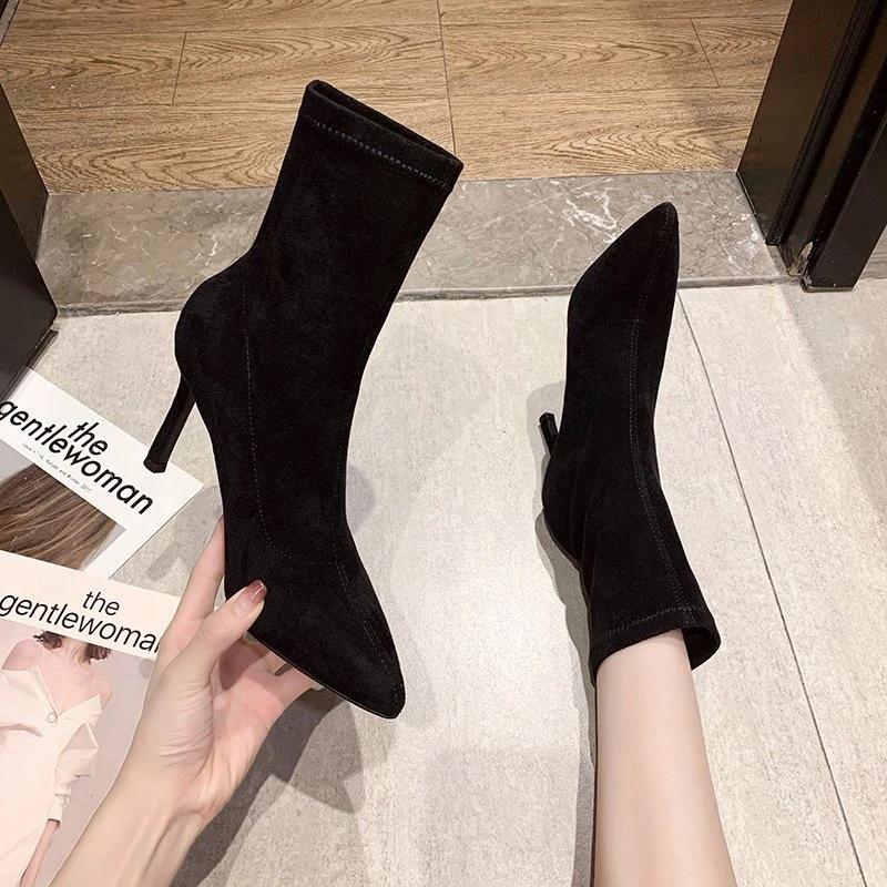 Fashion Ladies Shoes 2024 Modern Women's Boots Elegant Mid-Calf Boots Women Sewing Pointed Toe Thin Heels Slip On Outdoor Shoes Women