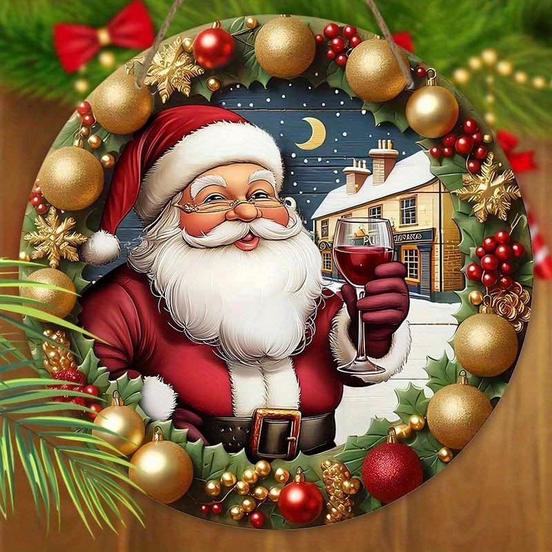 Wooden Christmas Sign with Kindly Santa Claus Pattern - Navidad Round Sign for Front Door Wall Hanging Decor - Ideal Christmas Decoration