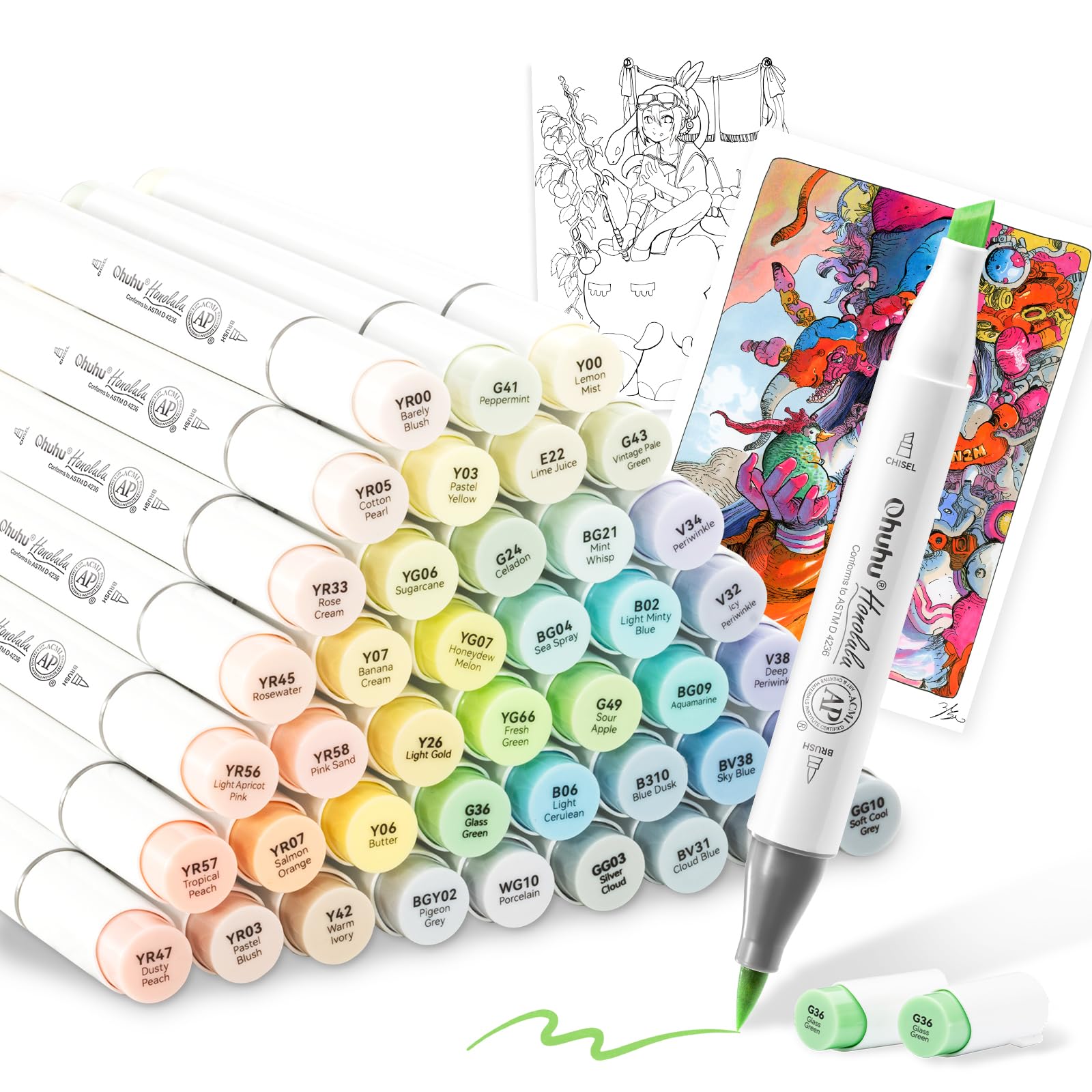 

Ohuhu Marker Pens, Brush Type, 48 Light Colors, Professional Grade, Pastel Illustration Markers, Brush & Broad Tip, Includes 1 Blender Pen, Honolulu S