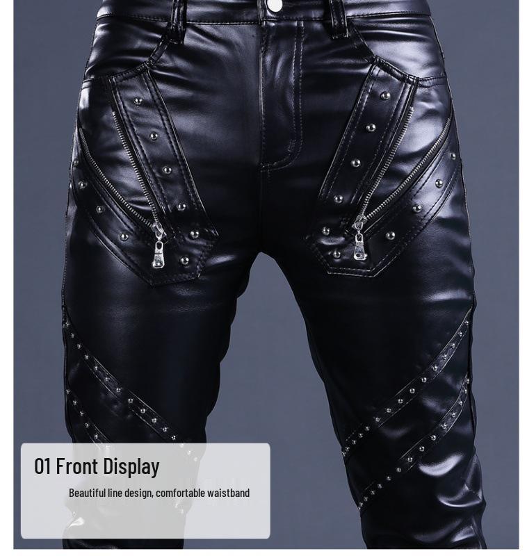 Pánské kožené motorkářské kalhoty slim fit v korejském stylu