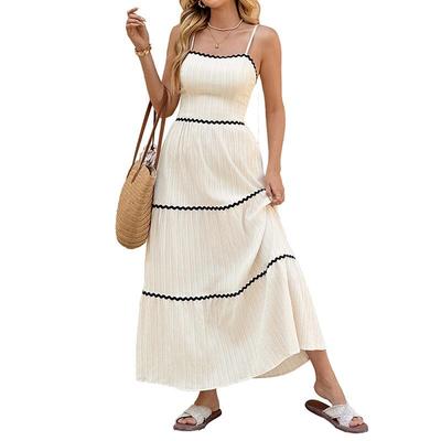 Women's Back Bow Tie Spaghetti Strap Maxi Dress Contrast Trim Tiered Textured Sundress Casual Slim Fit Beach Dresses