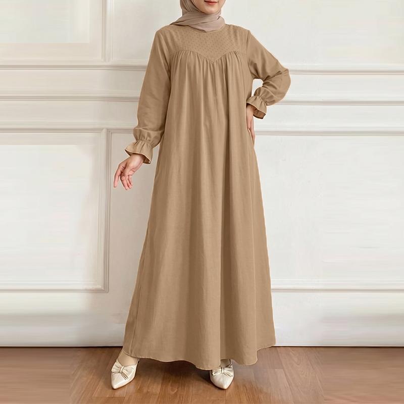 ZANZEA Rochie lungă musulmană lejeră cu mânecă lungă și gât rotund casual pentru femei