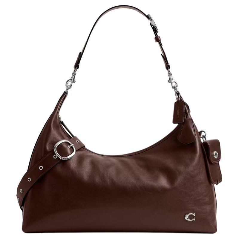 

COACH PocketJuliet 43 Silver Metal Logo Double Strap Design Zipper Closure Removable Handle Leather Shoulder Bag Large Women s Brown срібний