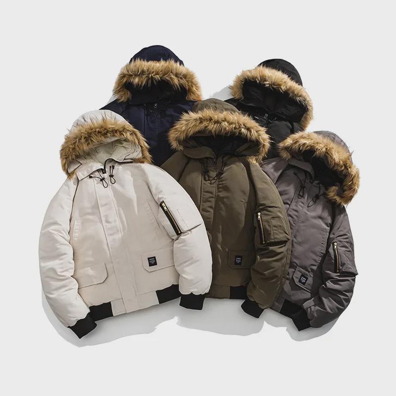 

Men s Winter Hooded Fur Collar Casual Cotton Jacket for Couples 3XL чорний