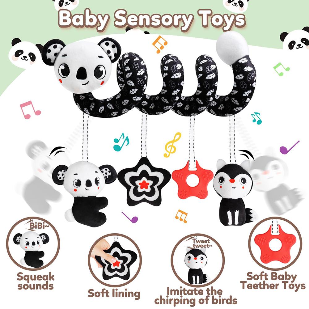 Baby Carseat Toy Black & White Lion Koala Rattle Spiral Hanging Activity Stroller Toy for Newborns Crib Mobile Sensory Toy Gifts