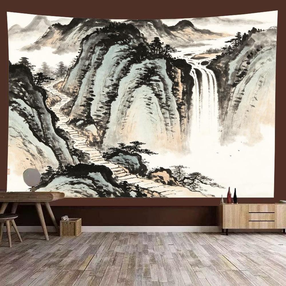 Japanese Ink Painting Tapestry, Zen Waterfall Mountain Path Oriental Wall Art