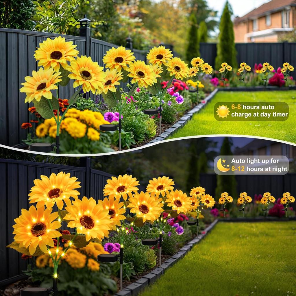 Solar Sunflower Lights Outdoor Waterproof Auto ON/Off Solar Garden Stake Lights for Lawn Pathway Yard Landscape Decor