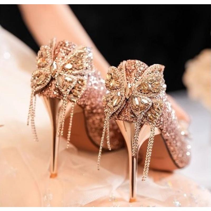 New Shiny Bowknot Thin Heels Pumps Women Slip-On Bling Crystal Party Shoes Woman Sexy Pointed Toe Glitter High Heels Shoes