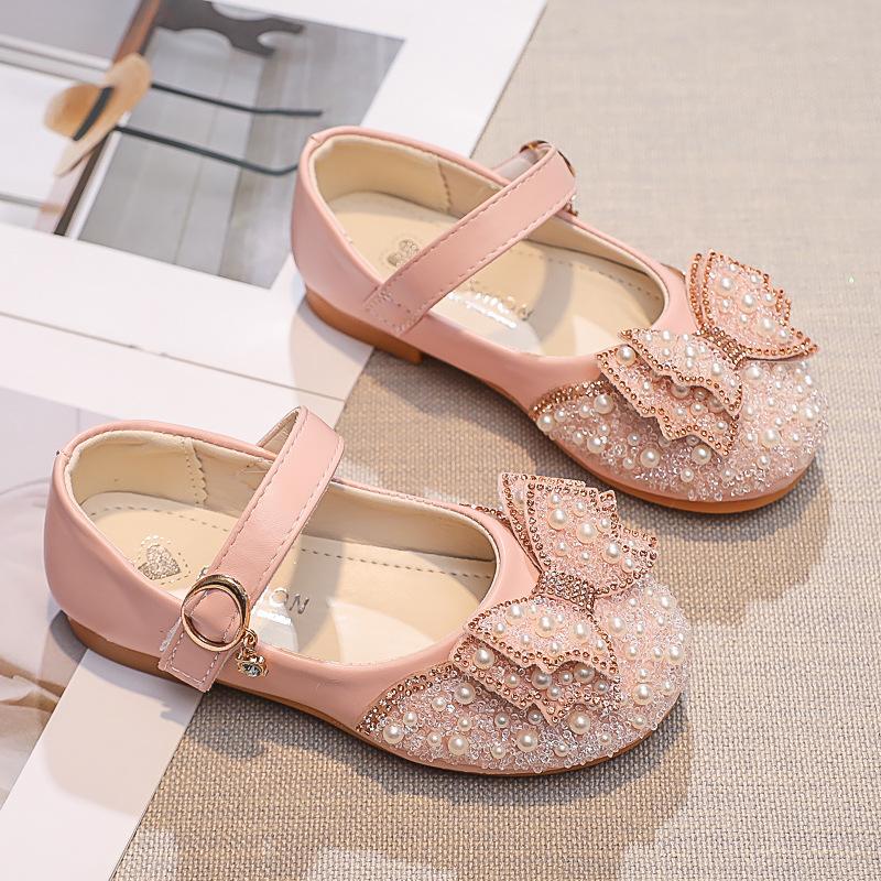 Girls' Leather Shoes with Bow, Shiny Rhinestones and Pearls, Fairy Princess Shoes, Stylish Children's Sequin Flats for Little Girls